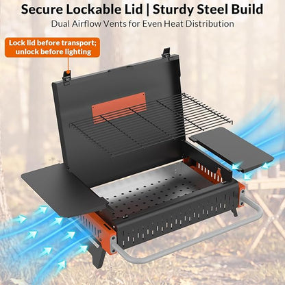 Portable Charcoal Grill, Foldable Tabletop BBQ Grill for 2-4 People | Fold-Flat Camping Grill, Removable Ash Pan, Side Shelves, Locking Lid for Backyard, Patio, Tailgating & Outdoor Cooking