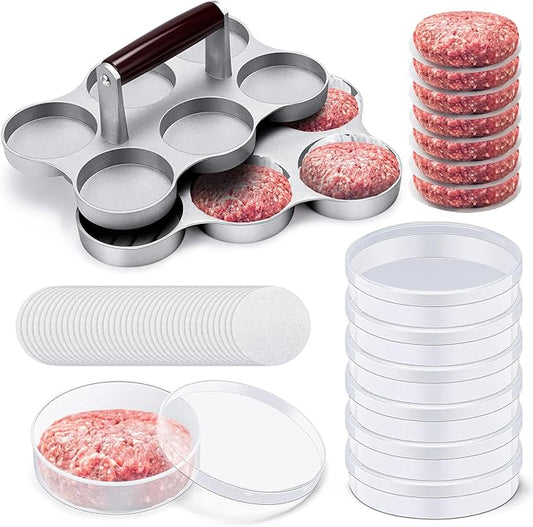 Reallnaive Mini Burger Press with 200 Patty Papers and 6 Storage Containers 6 Slots Meat Sausage Patty Maker Paper Sheets Set for Small Burger Barbecue, Make 6 Pieces at Once