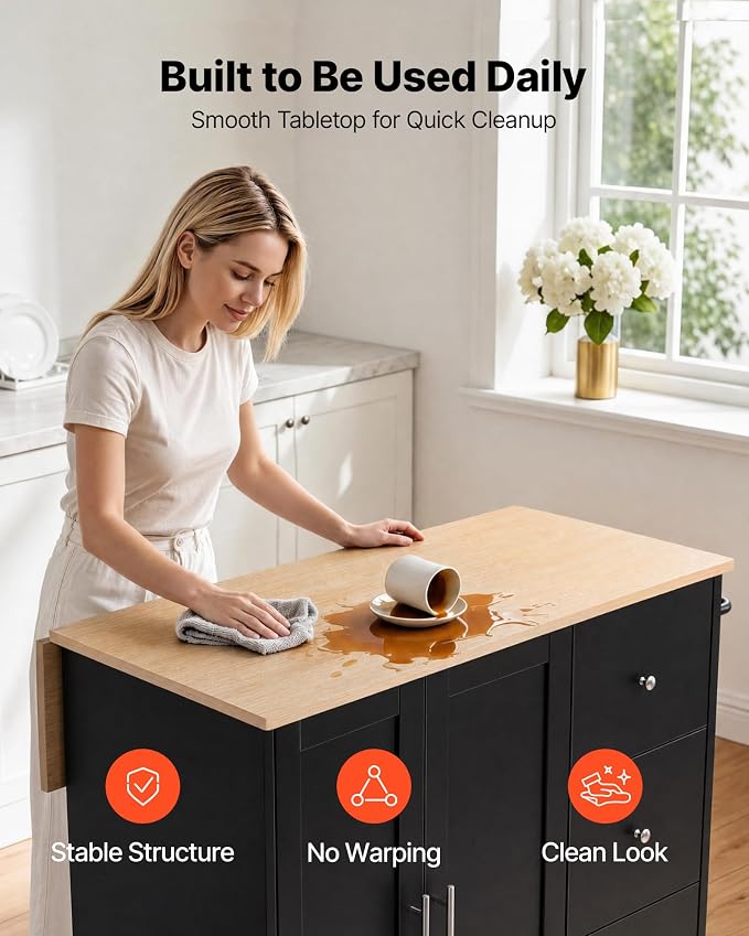 VEVOR Kitchen Island Cart with Storage, 42.4 in Wide Mobile Rolling Storage Island on Swivel Wheels, with 3 Drawers, Storage Cabinet, Drop Leaf, Towel Rack, Table for Home Dining Room, Black