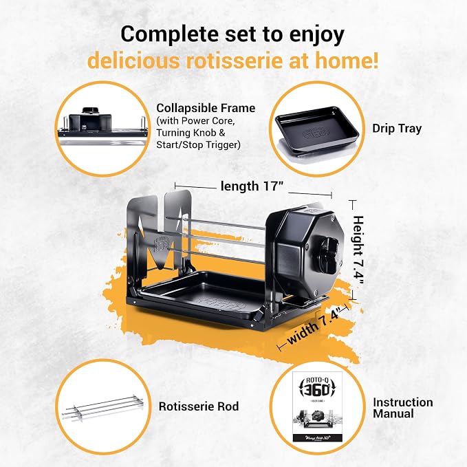 ROTO-Q 360 Cordless Universal Rotisserie Kit for Grills Ovens and Smokers - Non-Electric Wind-up Spit Roaster, Gas or Charcoal BBQ - Compatible with Kamado Joe Green Egg Kettle (Black) | Cordless wind-up rotisserie works with grills, ovens and smokers ...