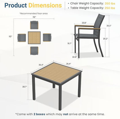 5-Pieces Aluminum Patio Table and Chairs for All-Weather, Patio Table Set with Heavy Duty HDPS Square Table, Outdoor Patio Dining Furniture Set with Breathable Quick-Drying Textilene Chairs