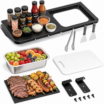 QuliMetal Folding Front Shelf for Traeger Pro 780 and Ironwood 885, Heavy-Duty Grill Prep Table with Cutting Board, Stainless Steel Basin, Lid and 5 Hooks, 32.5" x 11.5" Pellet Grill Shelf Accessory