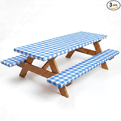 Poise3EHome Picnic Table Cover with Bench Covers, 6 Foot Fitted Elastic Tablecloth Set, Heavy Duty Polyester with TPU Waterproof Backing, Washable Outdoor Picnic Set for Camping, RV & Park(Blue&White)
