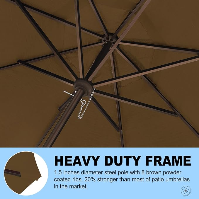 Eurmax USA 10-Year-Non-Fading 10FT Outdoor Patio Market Umbrella,UPF50+ UV Resistant Sun Shade,Heavy Duty Commercial Grade,Crank Lift Design,Windproof Vented Top for Garden,Pool,Deck,Chestnut
