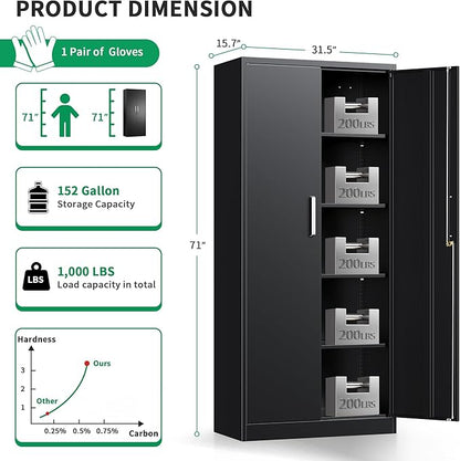 Metal Garage Storage Cabinet with Doors and Adjustable Shelves, 71" Tall Locker Organizer Steel Garage Cabinets, Lockable File Cabinet for Home, Office, Warehouse, Tools