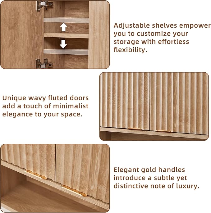 LEYAOYAO Fluted Bathroom Wall Cabinet, Wall-Mounted Medicine Cabinet with Adjustable Shelf & Doors, Farmhouse Floating Over the Toilet Storage Cabinets for Laundry Room, Kitchen, Living Room (Natural)