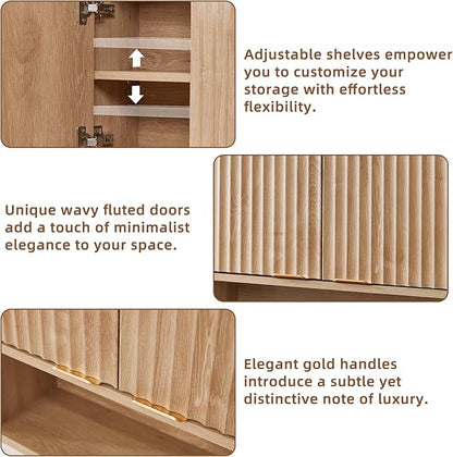 LEYAOYAO Fluted Bathroom Wall Cabinet, Wall-Mounted Medicine Cabinet with Adjustable Shelf & Doors, Farmhouse Floating Over the Toilet Storage Cabinets for Laundry Room, Kitchen, Living Room (Natural)