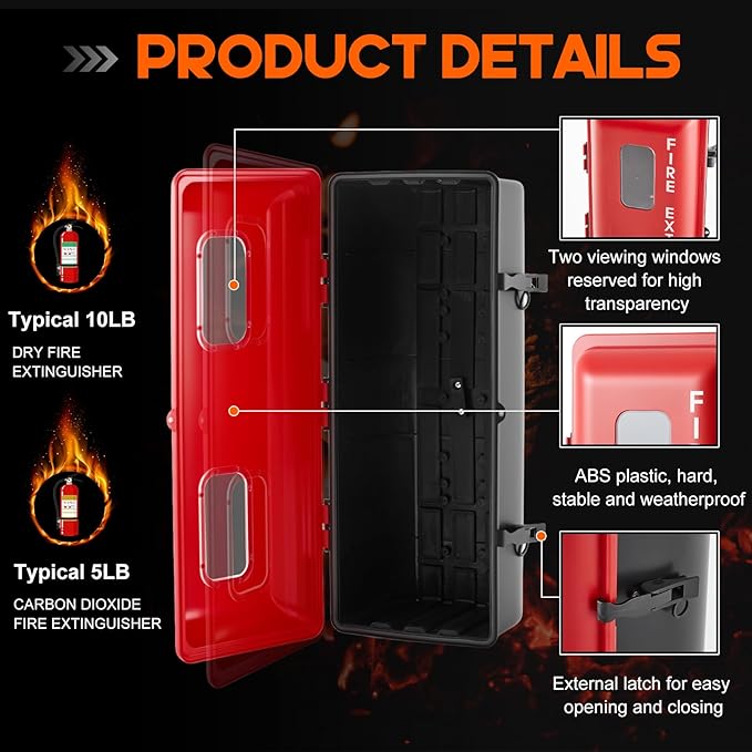 DoubleFill 2 Pcs 10 lb Fire Extinguisher Cabinet Box with Internal Rope Fastening and External Latch Sturdy Plastic Holder Case Vandal-Resistant Weatherproof Protect Indoor Outdoor (26 x 12 x 9 in)