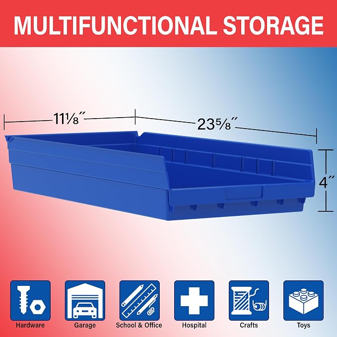 Akro-Mils 30174 Heavy Duty Plastic Shelf Bins, 24"x 11"x 4", Blue, 6-Pk | Heavy Duty Nesting Storage Bins for Garage, Closet, Refrigerator, Kitchen, Cabinet, Drawer Organization, Pantry Organization