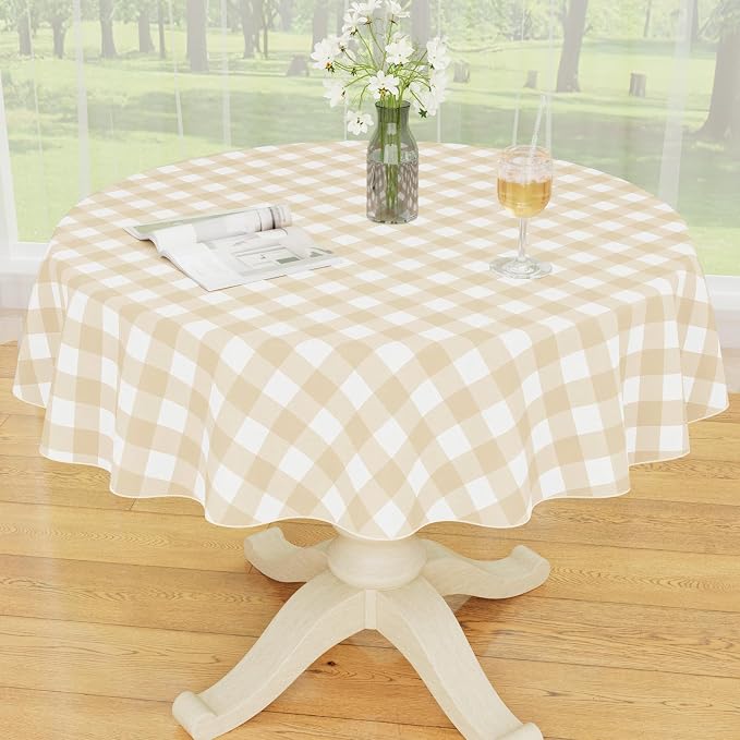 Smiry Picnic Table Cloth, Vinyl Tablecloths with Flannel Backing, 60" Round | Waterproof Picnic Table Cloth, Wipeable Buffalo Plaid Table Cover for Indoor and Outdoor (White & Beige)