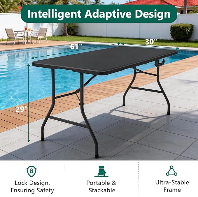Folding Table 5FT Heavy Duty Plastic Table with Handle, Foldable&Portable, Fold-in-Half Utility Tables for Outdoor, Dining, Wedding, Events, Indoor, Picnic, Camping, Party, Coffee Black