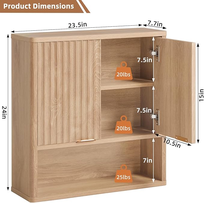 LEYAOYAO Fluted Bathroom Wall Cabinet, Wall-Mounted Medicine Cabinet with Adjustable Shelf & Doors, Farmhouse Floating Over the Toilet Storage Cabinets for Laundry Room, Kitchen, Living Room (Natural)