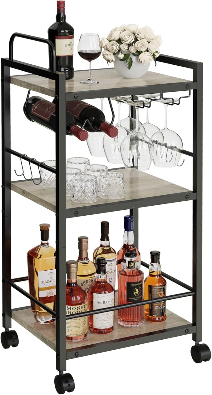 Bar Cart for The Home, 3 Tier Kitchen Carts with Wheels, Small Rolling Cart with Glass Holders, Wine Rack, Mini Bar Cart for Kitchen, Dining Room, Living Room, 13.0" D x 17.0" W x 33.8" H, Greige