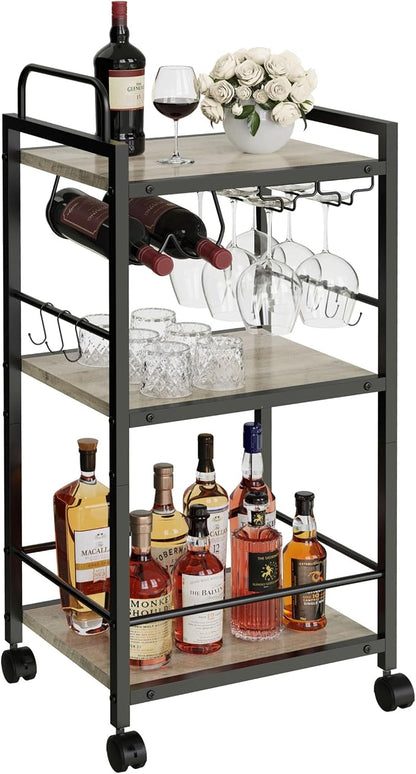 Bar Cart for The Home, 3 Tier Kitchen Carts with Wheels, Small Rolling Cart with Glass Holders, Wine Rack, Mini Bar Cart for Kitchen, Dining Room, Living Room, 13.0" D x 17.0" W x 33.8" H, Greige