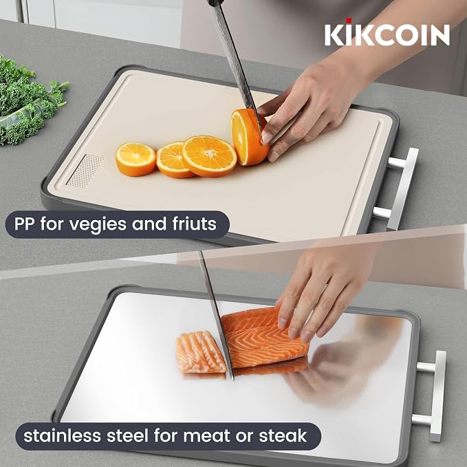 Kikcoin 17"×11" 304 Stainless Steel Cutting Boards for Kitchen, Dishwasher Safe Food Grade PP Double Sided Cutting Board, Extra Large Non-Toxic Chopping Board for Meat, Cheese & Charcuterie, Beige