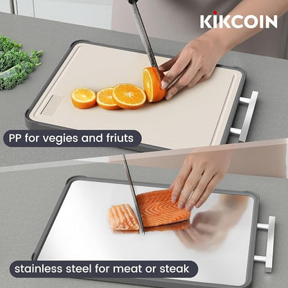 Kikcoin 17"×11" 304 Stainless Steel Cutting Boards for Kitchen, Dishwasher Safe Food Grade PP Double Sided Cutting Board, Extra Large Non-Toxic Chopping Board for Meat, Cheese & Charcuterie, Beige