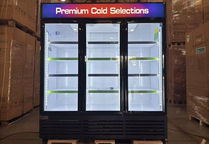 71” Wide Commercial Beverage Refrigerator Display Fridge, Three Glass Door Merchandiser Drink Cooler With LED Light 9 Adjustable Shelves,ETL Sanitation,63.5 Cu Ft,BLACK,Wheels Included