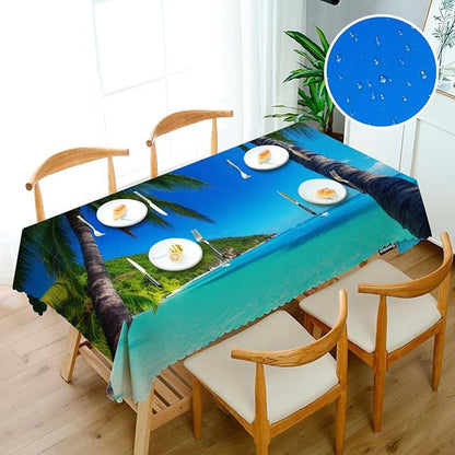 Swono 52x70 Inch Ocean Palm Tablecloth Tropical Island Beach Sea Palm Trees Farmhouse Dining Table Cloth Anti-Stain Talking Table Cover for Kitchen Dinning Room Coffee Store