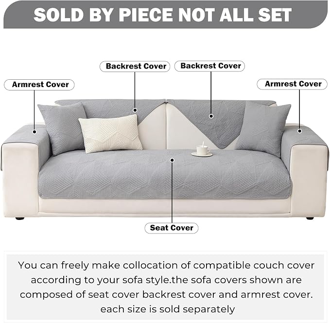 vctops Cotton Quilted Couch Covers for Sectional Sofa (Grey,43"x63") | Geometric Washable Non Slip Sofa Slipcover for Dogs, Children, Pets Furniture Protector Cover