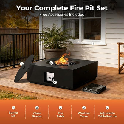 R.W.FLAME 28" Square 2-in-1 Propane Fire Pit Table - 40000 BTU CSA Certified with Electronic Ignition, Glass Stones & Weather Cover for Patio, Backyard, Deck Gatherings