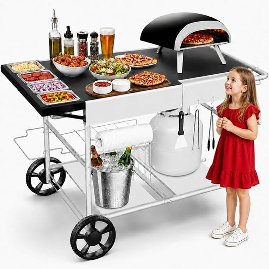 Pizza Oven Table with Topping Station, Outdoor Pizza Oven Cart, Grill Table for Outside, Grill Cart, Food Prep Work cart Fits for Ninja Woodfire Grill, Blackstone Griddle,Tabletop Grill