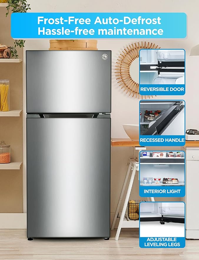 Commercial Cool 18 Cu. Ft. Top Mount Refrigerator with Ice Maker, 2-Door Fridge with Top Freezer, Freezer with Icemaker and Adjustable Temperature Control, Energy Star Certified, Stainless Look | 2-Door Refrigerator with Top Freezer, Freezer with Icema...