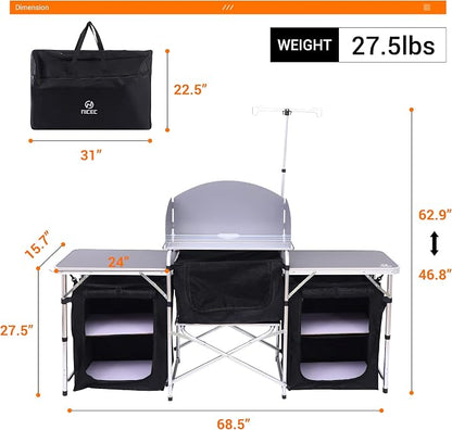 Nice C Camping Kitchen Table, Folding Cook Table, Cook Station (Silver) | Portable Grill Table, Upgraded Light Stand, Windshield, 3 Organizers, Carry Bag, Grill, Outdoor, Beach, BBQ, Picnic, Cooking