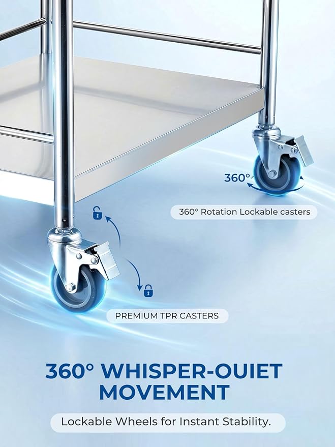 Metal Rolling Cart with 360° Silent Wheels, 220 lbs Capacity Utility Cart | 2-Tier Medical Cart with Handle & Lockable Casters for Lab, Clinic, Kitchen, BBQ Party, Salon