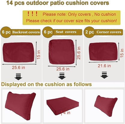 14 Piece Outdoor Patio Cushion Cover Replacement, Waterproof Patio Cushion Covers, Outdoor Furniture Cushion Covers Set for 6 Seat Wicker Rattan Sofa (Wind Red)