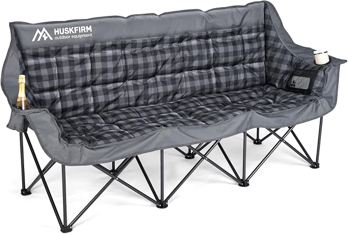 Huskfirm 3 Person Camping Chair Padded Loveseat Camping Chair Folding Grey | Camping Couch Portable Double Camping Chairs Heavy Duty Camp Chair for Adults Outdoor Lawn with Two Cup Holders and Carry Bag