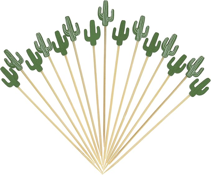 Minisland Green Cacti Cocktail Picks, 5 Inch Long Bamboo Fancy Toothpicks for Appetizers, Decorative Summer Tropical Hawaiian Party Food Drinks Garnish Fruit Kabob Skewer Sticks 100 Counts - MSL173