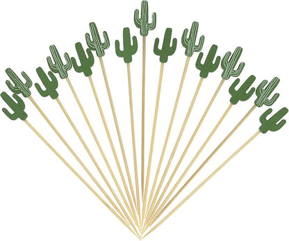 Minisland Green Cacti Cocktail Picks, 5 Inch Long Bamboo Fancy Toothpicks for Appetizers, Decorative Summer Tropical Hawaiian Party Food Drinks Garnish Fruit Kabob Skewer Sticks 100 Counts - MSL173