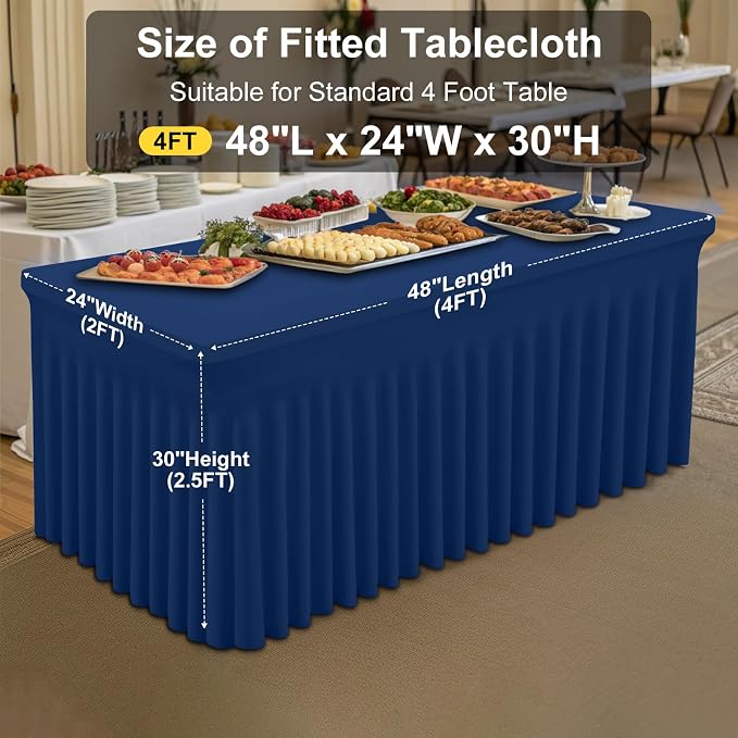 Smiry Spandex Elastic Fitted Table Cloth Skirt for 4FT Rectangle Table | Stretch Washable Table Cloth, Banquet Table Cover for Wedding, Party, Indoor & Trade Shows, (Navy, 48Lx24Wx30H)