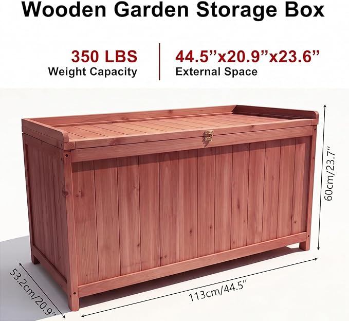 75 Gallon Wood Deck Box,Outdoor Storage Bench Container for Patio Furniture Cushions, Pillows, Garden Tools,Pool Accessories (Wood)