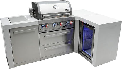 Mont Alpi 82"W x 50"D Deluxe Stainless Steel L-shaped Modular Outdoor Kitchen Island + Infrared Side Burner + Refrigerator + 32"W 4-Burner BBQ Grill + Granite Countertops + Storage Cabinets & Drawers