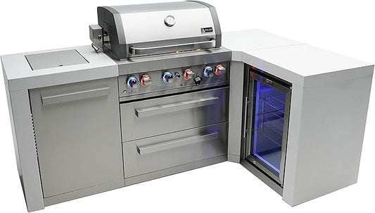 Mont Alpi 82"W x 50"D Deluxe Stainless Steel L-shaped Modular Outdoor Kitchen Island + Infrared Side Burner + Refrigerator + 32"W 4-Burner BBQ Grill + Granite Countertops + Storage Cabinets & Drawers