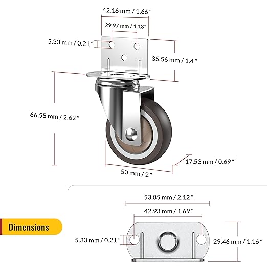 HOLKIE 2 Inch Side Mount Casters Set of 4 Supporting Up to 250 LBS Heavy Duty Furniture Wheels with Thickened L-Shaped Mounting Plate Ideal for Coffe Tables、Plant Stands、Cribs（2 with Brakes）