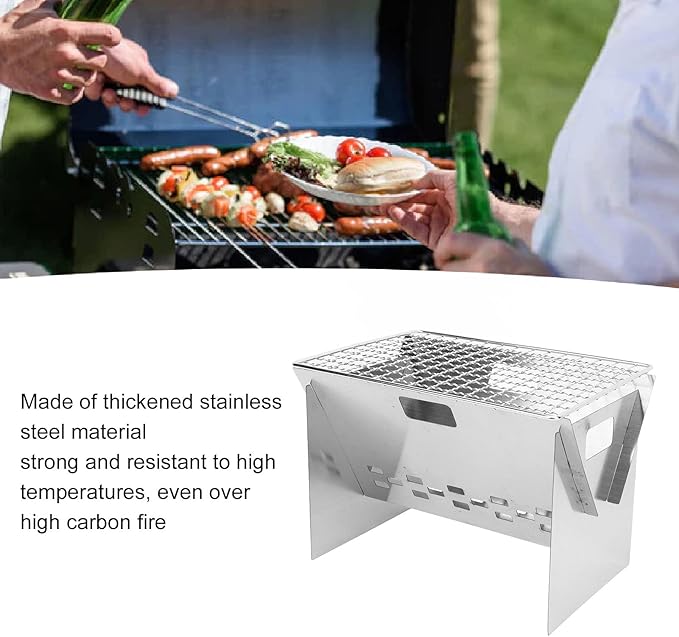 Stainless Steel Mini Grill Charcoal, Portable Charcoal Grill, Foldable Camping Barbecue Grill with Wind Inlet Design for Outdoor Cooking Camping Backyard Barbecue
