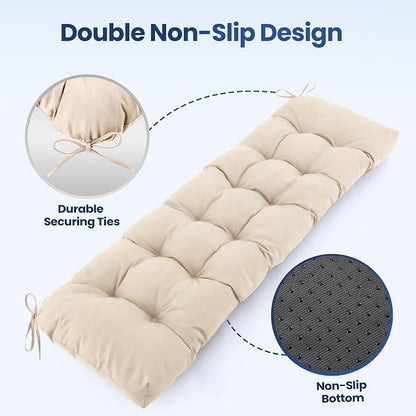 IASEAHK Outdoor Bench Cushion 59x18x5 Inch, Waterproof & Fade-Resistant Patio Furniture Cushions, Tufted Memory Foam Indoor/Outdoor Cushions for Couch Porch Swing with Non-Slip Backing & Straps, Beige