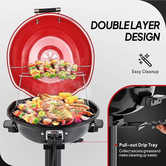 ROVSUN 1600W Vertical Electric Grill with Lid, Red 304 Stainless Steel Grill w/Detachable Pull-out Drip Tray, Double Layer Design, Portable & Removable, for Indoor and Outdoor Use