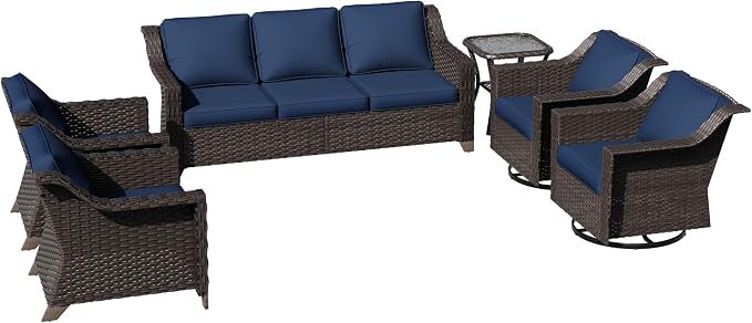6 Piece Patio Furniture Set, Wicker Outdoor Conversation Set | Patio Chair Set with Olefin Removable Cushion, All-Weather Outdoor Couch with Deep Seat for Porch, Deck and Backyard, Blue