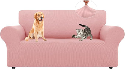 LURKA Stretch Loveseat Couch Cover, 1 Piece 2 Cushion Sofa Slipcover, Pink | Soft Stretch Jacquard, Fits 55"-78" Loveseats, Elastic Bottom for Secure Fit, Machine Washable, Pet & Kid Friendly