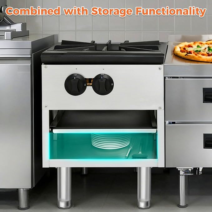Stock Pot Countertop Burner,NG LP Commercial Range with 80000BTU Heating Output,430 Stainless Steel Housing,Slide-Out Waste Tray,Adjustable Legs for Restaurant Catering Kitchen Use (Silver,1 Burner)