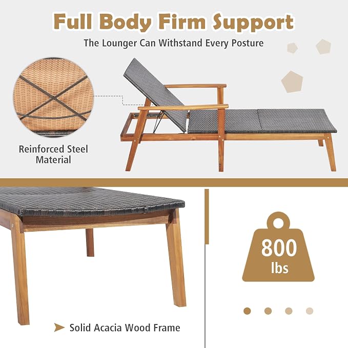 COSTWAY Patio Rattan Chaise Lounge Chair Recliner Back Adjustable Acacia Wood Garden