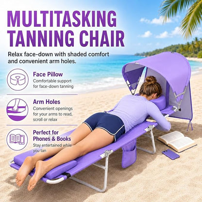 Backpack Beach Tanning Lounge Chair with Canopy Shade Face Hole Padded Adjustable Washable, 6 Position Layout Chair for Outside Sunbathing Poolside Lawn, UPF 50+ Wind-Resistant Sun Shade, 2Pack