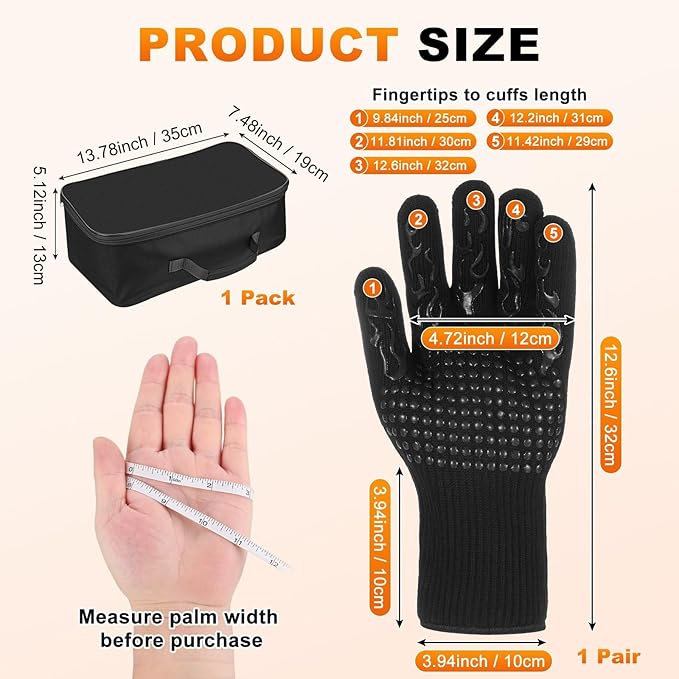 M METERXITY 1-Pair BBQ Gloves, 1472°F Heat Resistant Non-Slip Grilling Oven Gloves for Barbecue/Baking/Cooking, with Storage Bag [Flame Pattern L, Black]