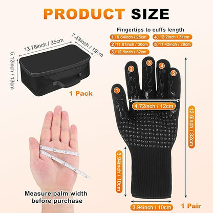 M METERXITY 1-Pair BBQ Gloves, 1472°F Heat Resistant Non-Slip Grilling Oven Gloves for Barbecue/Baking/Cooking, with Storage Bag [Flame Pattern L, Black]