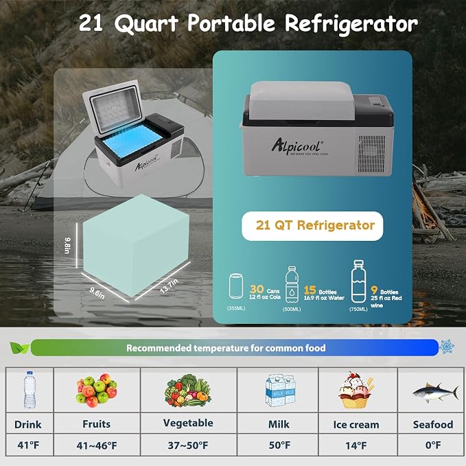 Alpicool C20 portable compressor fridge freezer 21Quart(20Liter) for car and home - 12V/24V DC and 110V AC