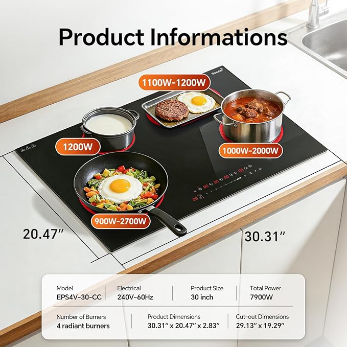 Ranein 30 Inch 4 Burner Electric Cooktop, Max 7900W 240V Ceramic Panel Built-in Electric Stove Top, with Child Safety Lock, Timer, Over-Temperature Protection