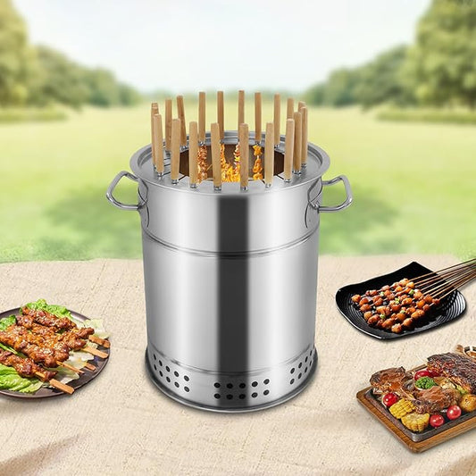 Portable Smokeless Barbecue Stainless Steel Surround Charcoal Barrel Grill, Kebab Charcoal Grill with 30 Skewers & Grilling Accessories Set for Picnics Camping Traveling Parties Beaches Gardens